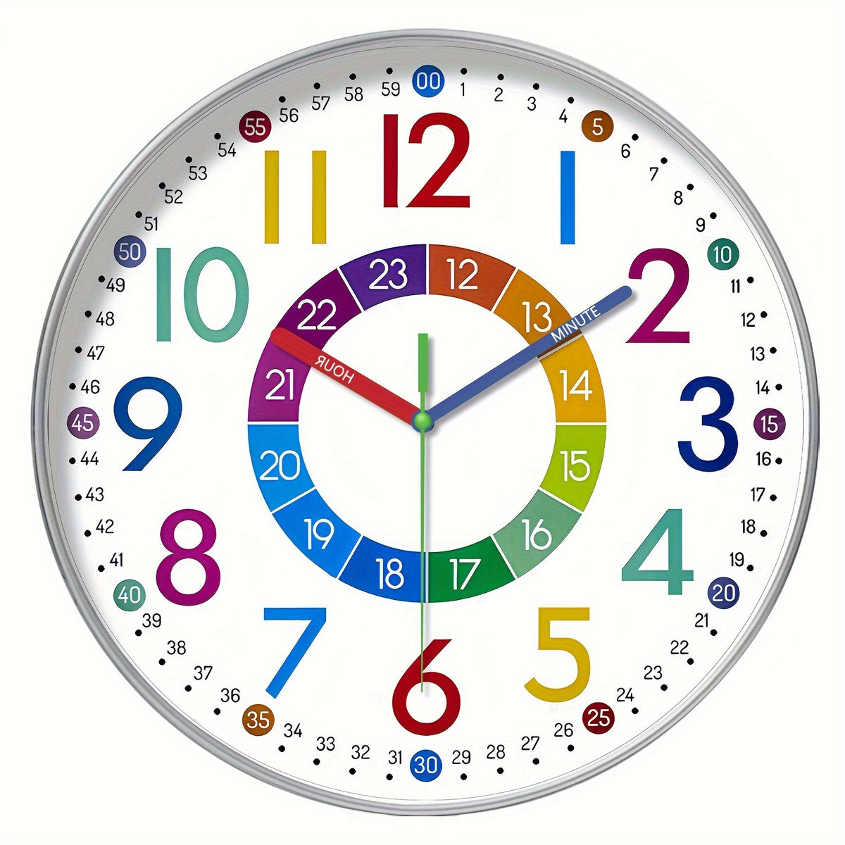 8-12 Inch Color Learning Wall Clock, Learn How to Tell The Time, Japanese Silent Quartz Movement, Plastic Frame, AA Battery Powered, Suitable for Bedroom, School, Teacher Decoration, Educational Teaching Auxiliary Supplies, Holiday Gift