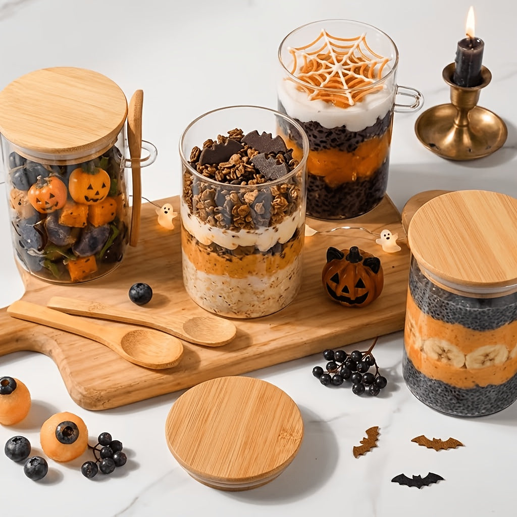 4/6pcs Dessert Bowl, Overnight Oats Containers with Lids, 18oz Overnight Oats Jars with Spoons, Salad Meal Prep Jar with Bamboo Lids for Chia Seed Pudding Salad Cereal Coffee Flour, Sourdough Starter Jar for Bread