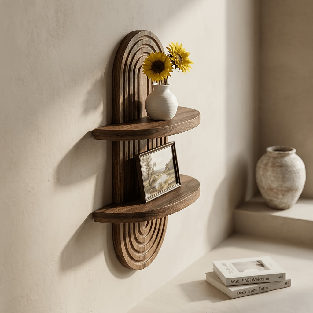 Boho Wood Wall Shelf with Rainbow Arch Design, Two-Tier Natural Solid Wood Plant and Keepsake Display for Bedroom, Living Room and Entryway Decor