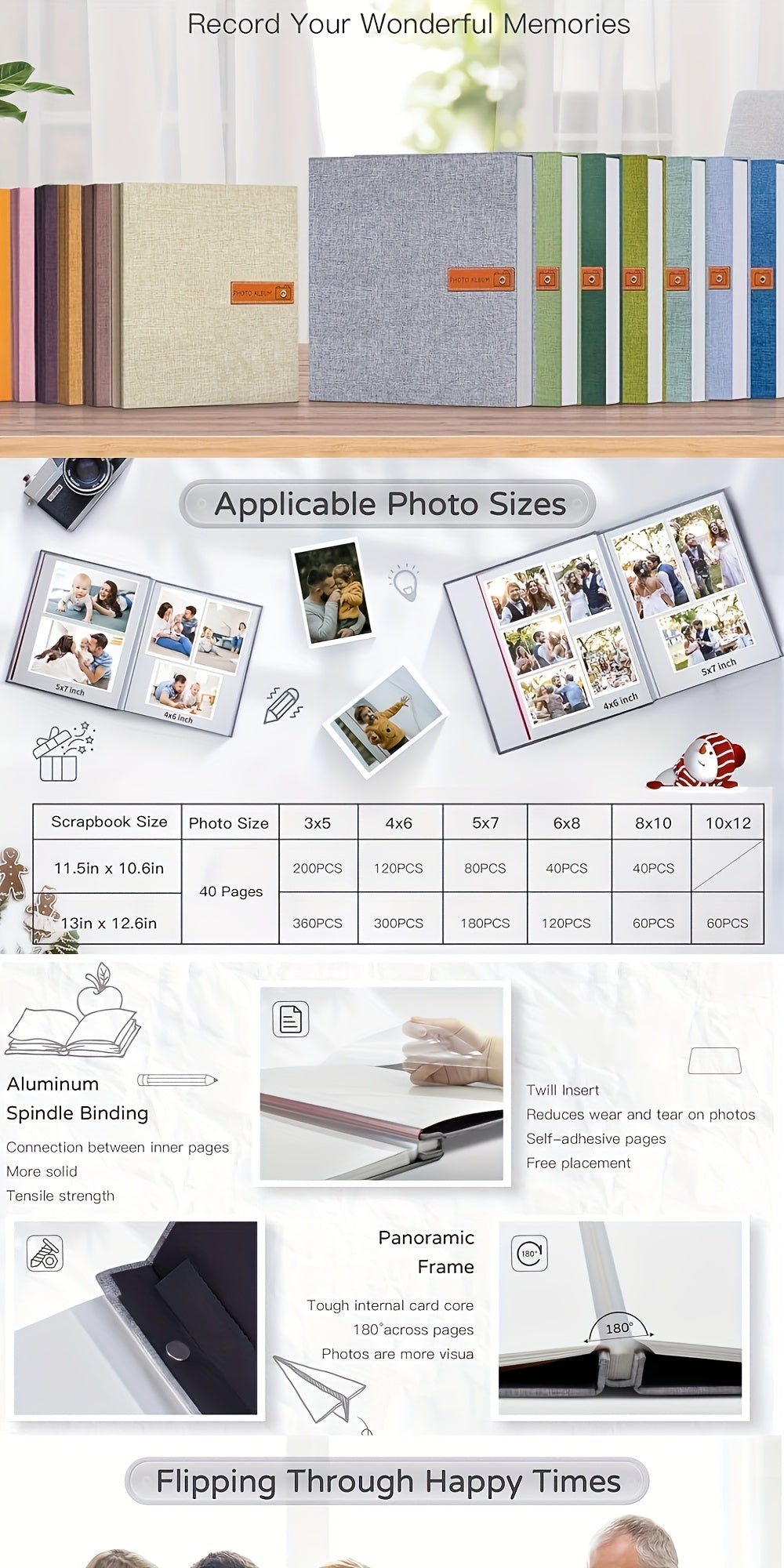 Self Adhesive Photo Album with Linen Cover, 40 or 60 Page Scrapbook Memory Book for 4x6, 5x7 and 8x10 Photos, Family, Baby and Wedding Keepsakes
