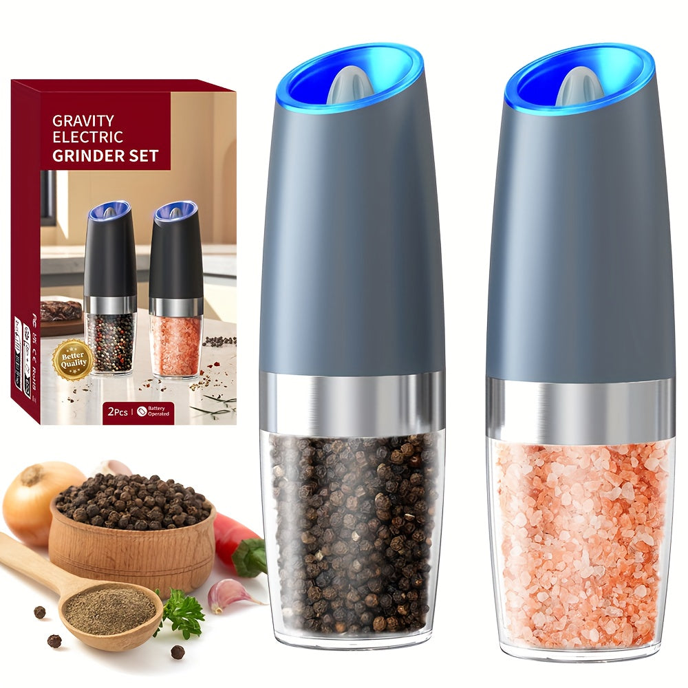 1pc/2pcs Electric Salt and Pepper Mill with Tilt Grinding, Pepper Grinder Suitable, Large Capacity ABS Mills, Adjustable Coarseness, One-Hand Operation & LED Light, Holiday Gifts for, Christmas