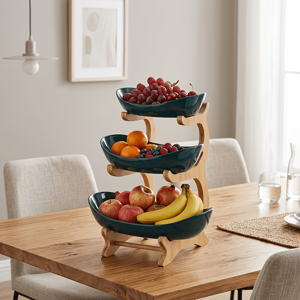 A Creative Two-Layer/Three-Layer Kitchen Fruit Basket, Large-Capacity Layered Fruit Basket, European-Style Dried Fruit Plate, Bamboo And Wood Frame, Household Snack Plate, Candy Tray, Fruit Basket, Bamboo And Wood