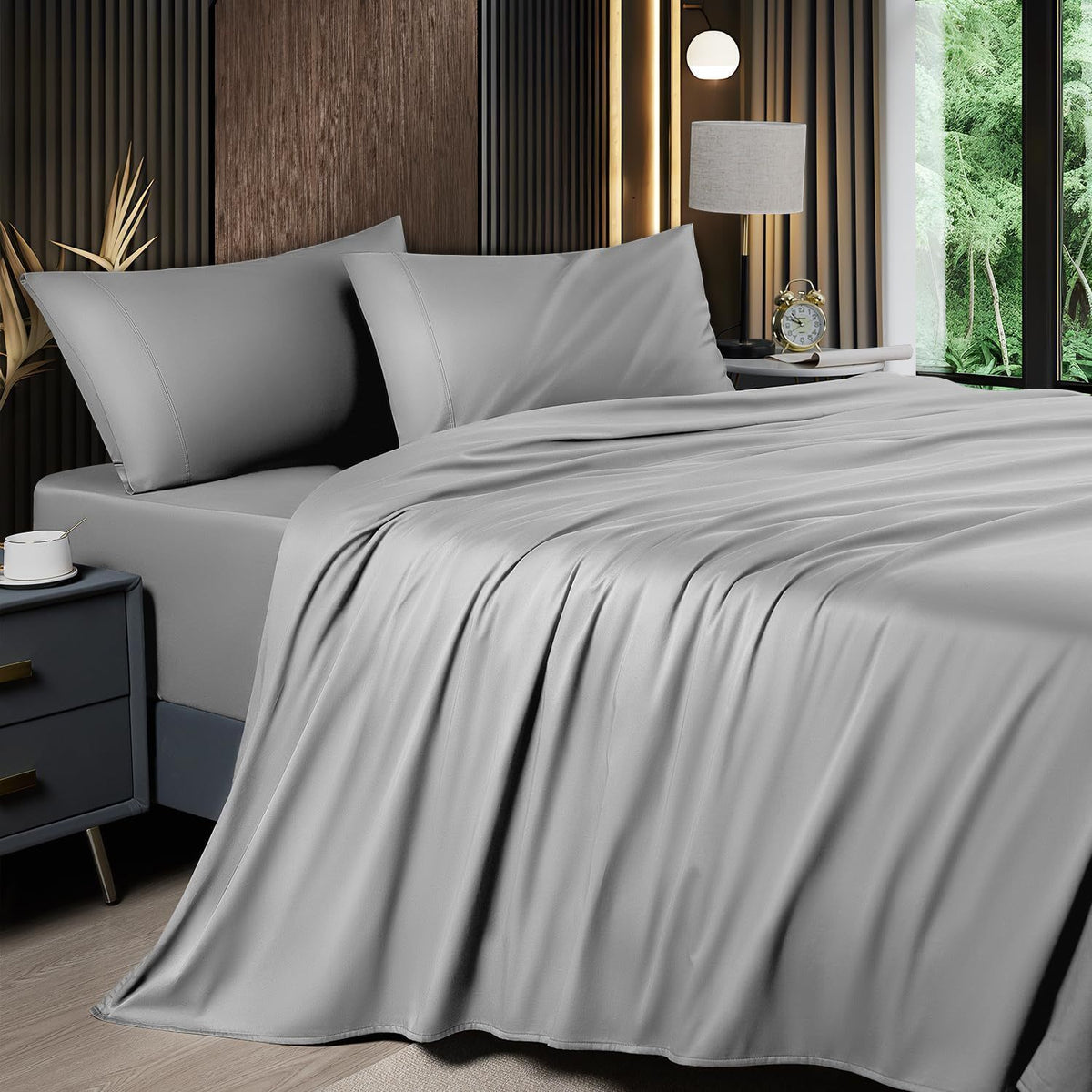 4pcs 2200TC Cooling Bamboo Bed Sheet Set Summer Chill Collection-16" Deep Pocket - Ultra Soft Luxury Bedding W/ Flat Sheet, Fitted Sheet & Pillowcases (Beat The Hea Stay Cool All Night) Queen Size Sheet Set Breathable Sheets Sets Queen Size Gifts