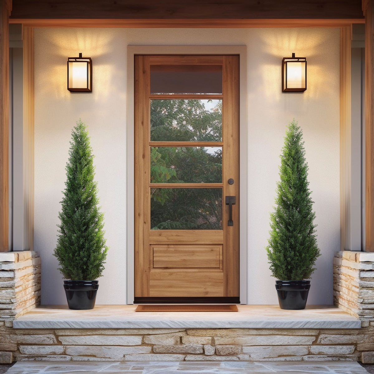 Outdoor Artificial Topiary Cedar Tree - 1pc/2pcs Fake UV Rated Potted Plants - 3/4/5FT Faux Pine Bushes And Shrubs For Front Porch Home Office Decor