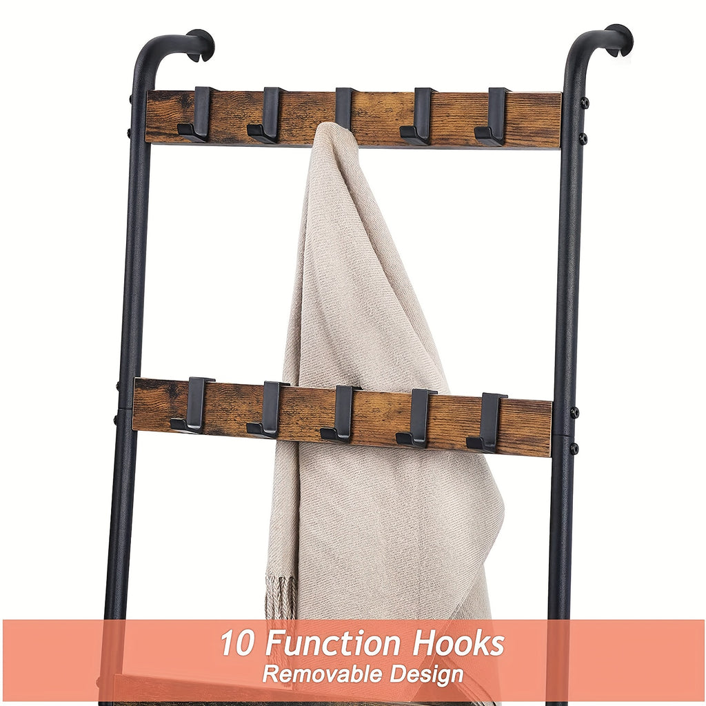 Blanket Ladder, 5 Tier Blanket Holder with 10 Removable Hooks, Farmhouse Style Blanket Ladder for Living Room Bathroom, Decorative Wall Mounted Wooden Quilt Standing Towel Drying Storage Rack, Towel Racks