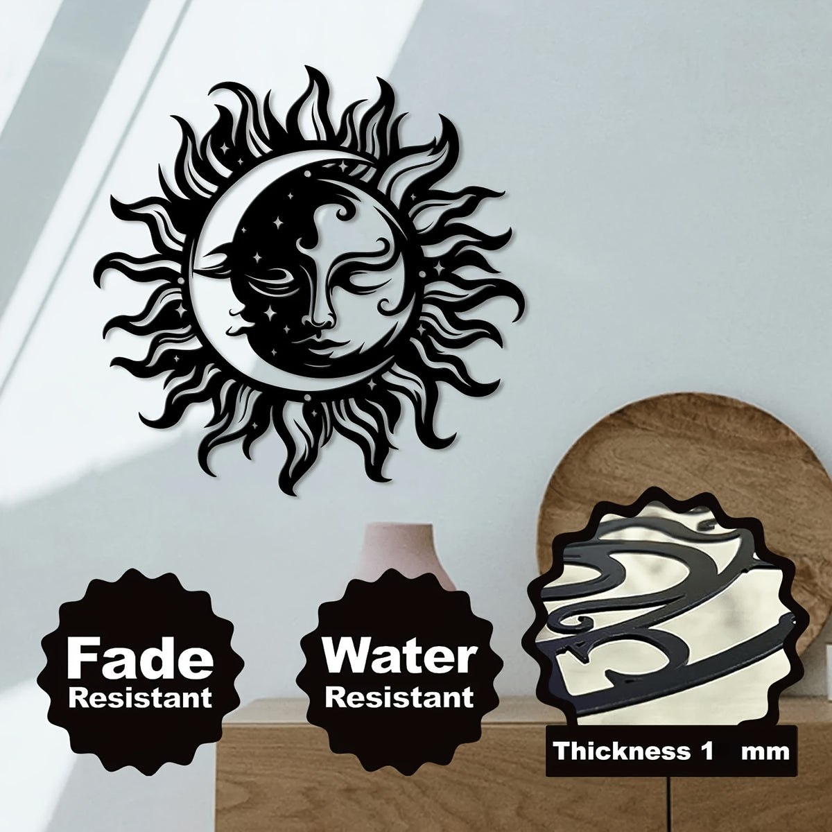 1pc Of Elegant Black Sun And Moon Metal Wall Art- Intricate Iron Design With Mystical Symbols, Perfect For Home, Office Or Outdoor Garden Decoration, Ideal Housewarming Gift, 15.7inch X 7inch Cm, Outdoor Decoration