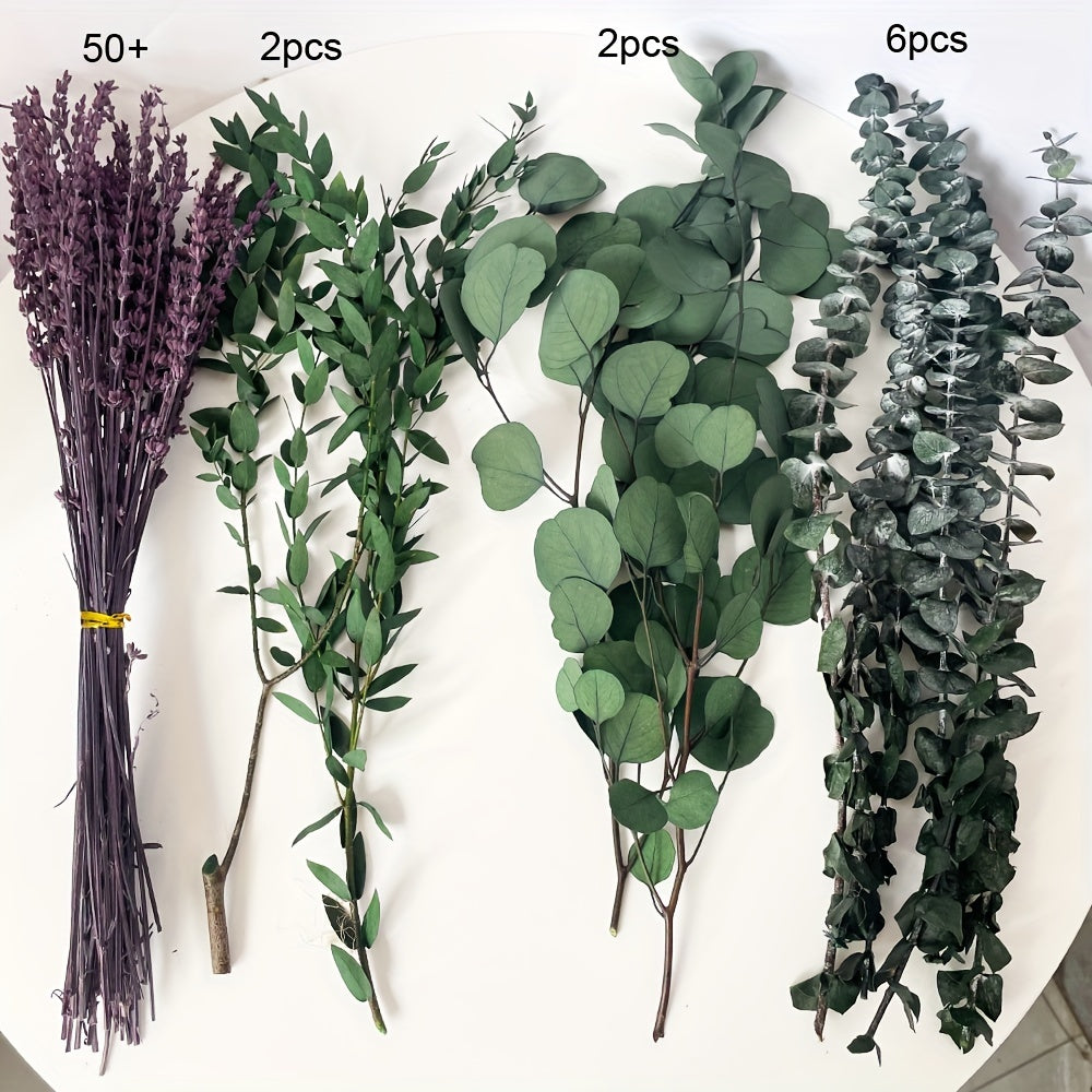 60+ Pcs Dried Preserved Eucalyptus Stems & Purple Lavender Flowers for Shower, 17'' Hanging Silver Dollar Eucalyptus Leaves Stems, Fragrance Home Bathroom Decor
