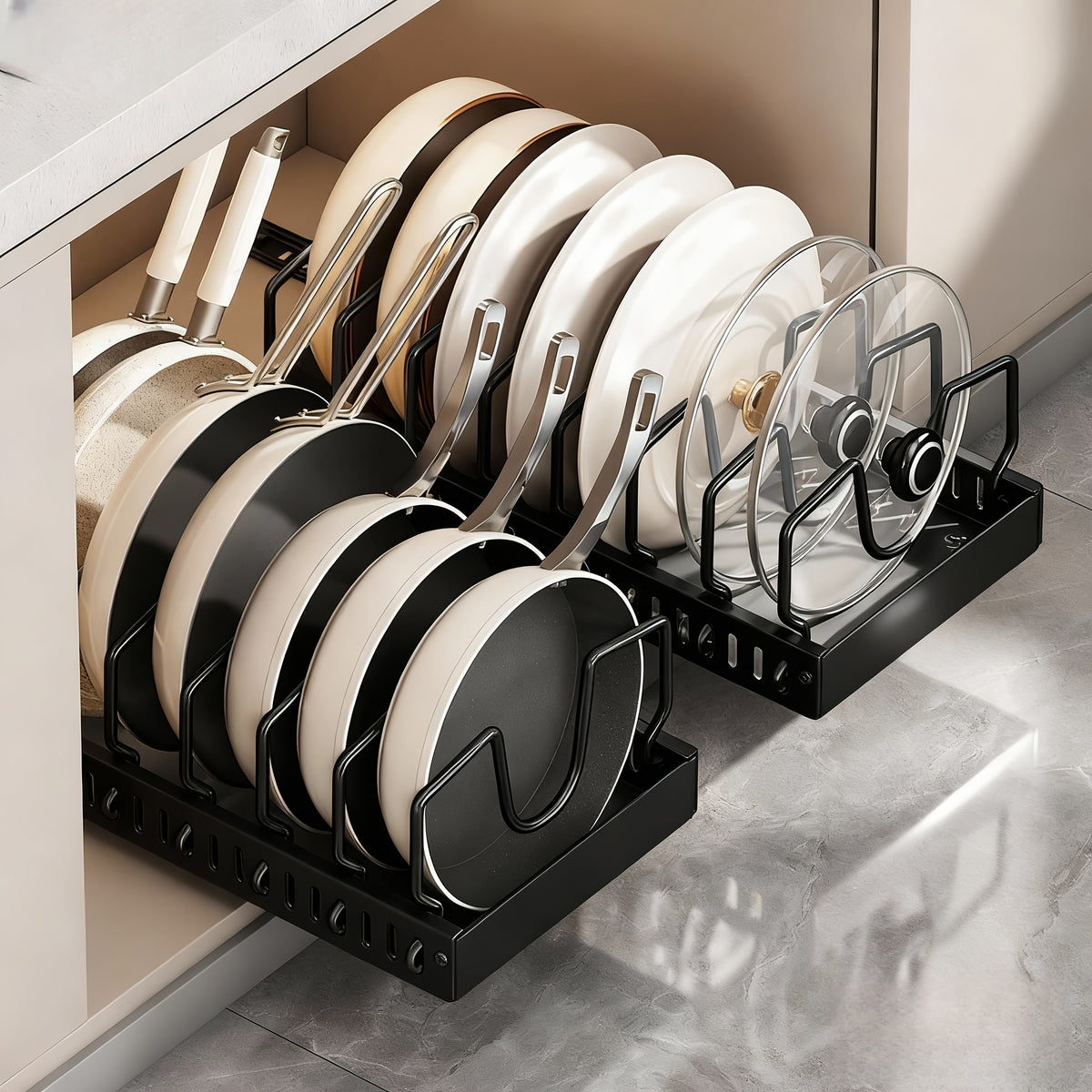 1/2pcs Pull-Out Pot And Pan Storage Box for Cabinets, Kitchen Sliding Lid Rack And Pan Holder, Cabinet Sliding Storage Box for Storing Lids, Baking Tools, And Plates, 8/16 Adjustable Dividers, Kitchen Decor And Additions Pots And Pans Organizer