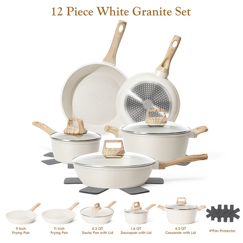 12pcs  pots and pans set, pots and pans cookware sets,Non-Stick Granite Cookware Set Complete Kit with Frying Pans, Casserole, Saucepan, Lids Compatible, Pan Protector - Heavy-Duty Durable Cookware for All Stovetops (Hindu/Induction)