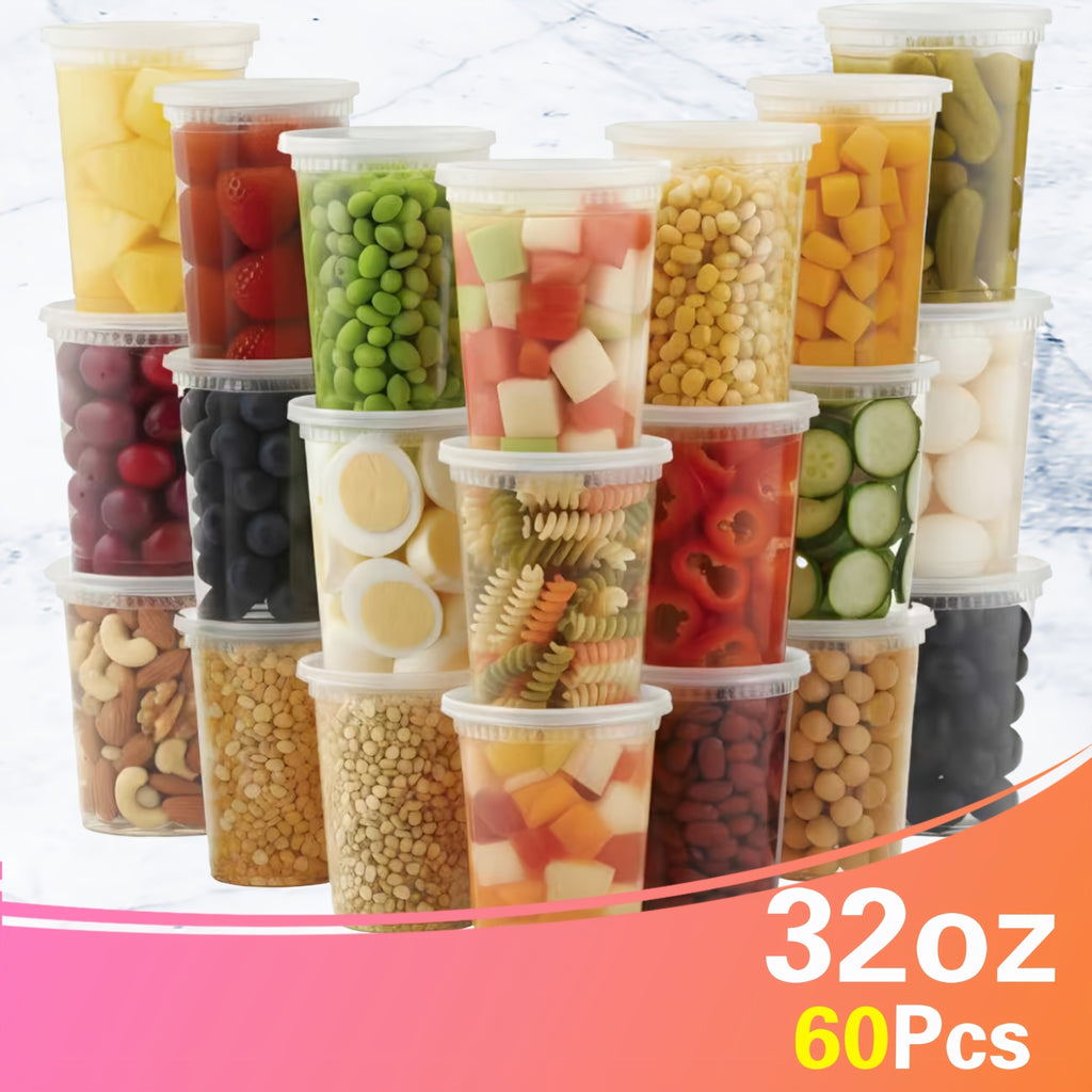60pcs 32oz Durable Leakproof Deli Containers With Lids Set, Soup, Slime, Sugar, Fruit, Food Storage Container, Kitchen Organizers And Storage Accessories, Microwave & Dishwasher & Freezer Safe, Local Warehouse