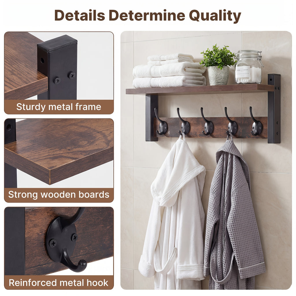 Wooden Wall-Mounted Shelf - Coat And Key Organizer with Floating Shelf And 5 Hooks, Key Rack for Bedroom And Entryway Storage, Towel Organizer for Bathroom, Suitable for Kitchen, Living Room, Bedroom, Bathroom