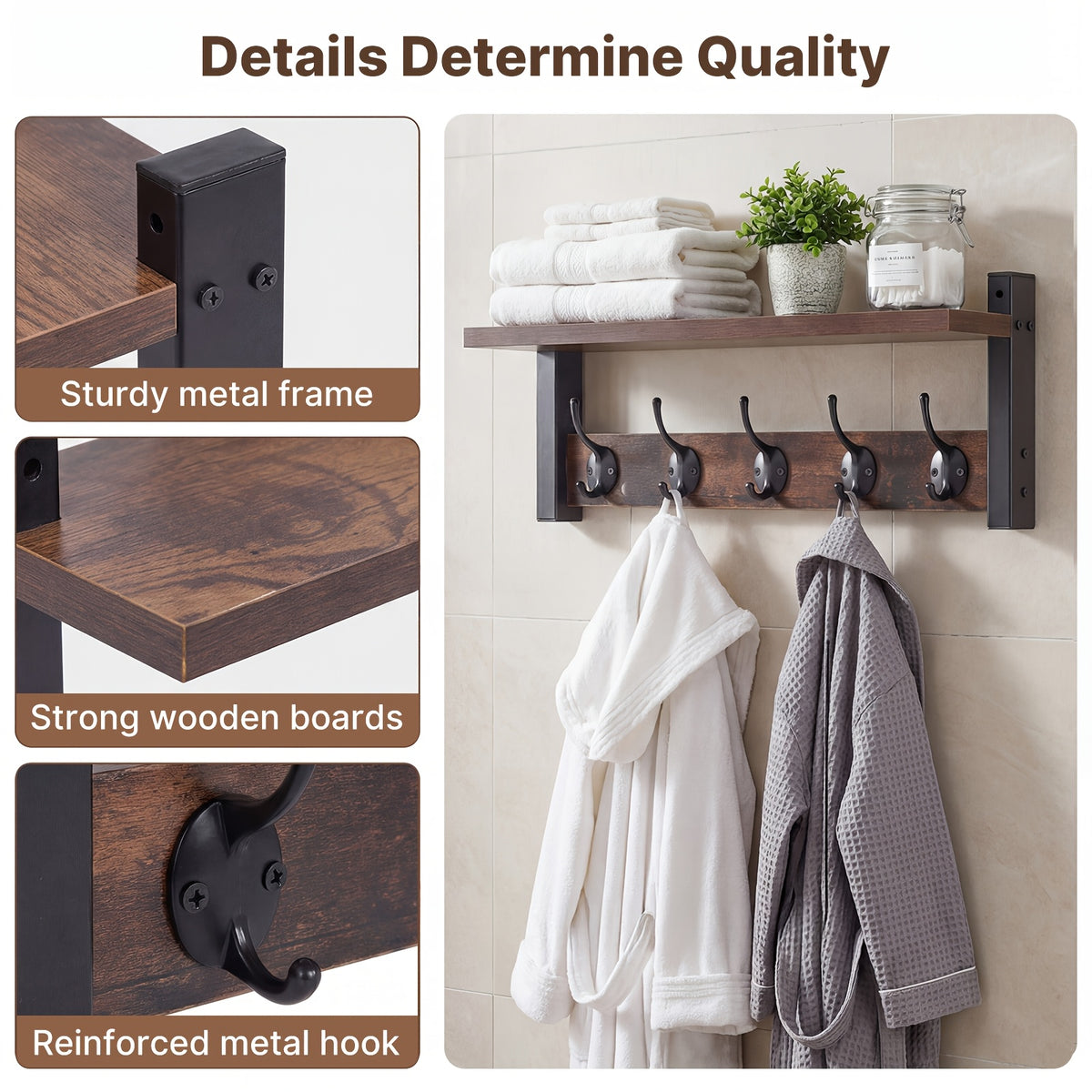 Wooden Wall-Mounted Shelf - Coat And Key Organizer with Floating Shelf And 5 Hooks, Key Rack for Bedroom And Entryway Storage, Towel Organizer for Bathroom, Suitable for Kitchen, Living Room, Bedroom, Bathroom