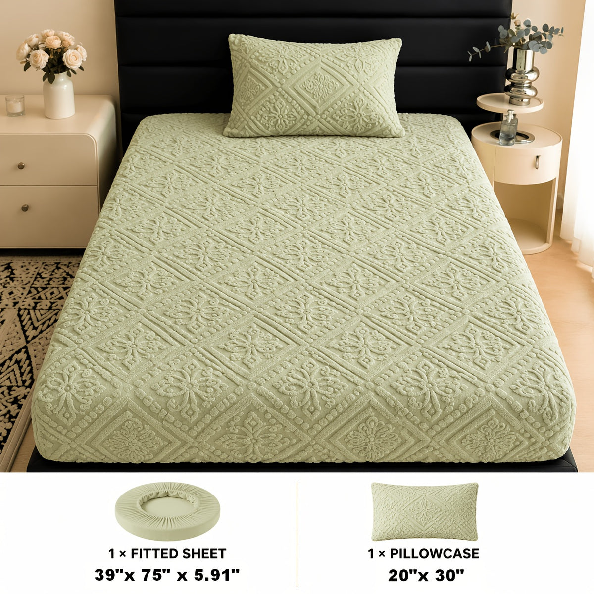 Embossed Fitted Sheet with Optional Pillowcases, Soft Deep Pocket Machine Washable Bedding in White, Gray, Khaki, Blue and Green for Twin Full Queen King