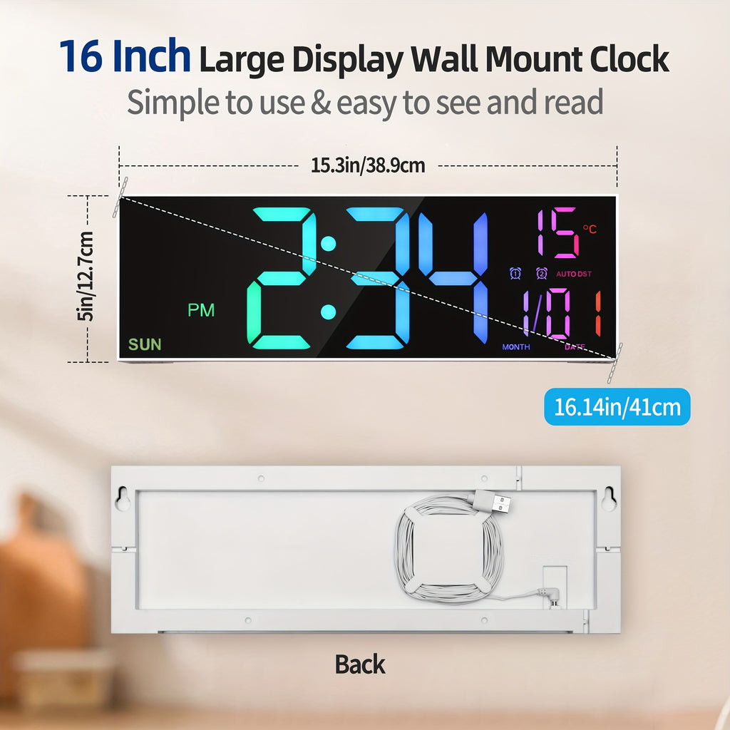 16.5'' Large Digital Wall Clock with Remote Control, Big LED/2 Alarms/8 RGB/Auto Brightness/Date/Auto DST/Temperature/Ambient Light/Dimming/Timer, Gym Clocks for Living Room, Bedroom, Office, Kitchen Home Decor, Easter Decorations, Mother's Day Gifts