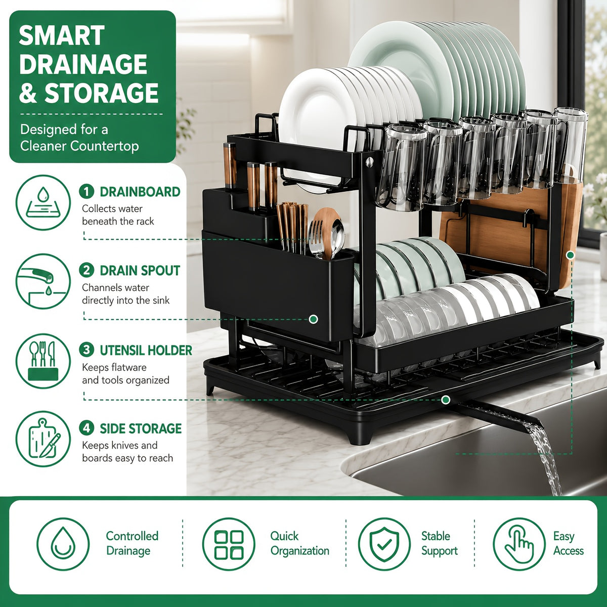 Two-Level Dish Drying Rack for Kitchen Surfaces, Dish Drainer with A Drainboard, Metal Kitchen Dish Holder with Drainage, Two-Tier Kitchen Drying Rack, Black Dish Holders, Standing Shelf Units, Standing Shelf