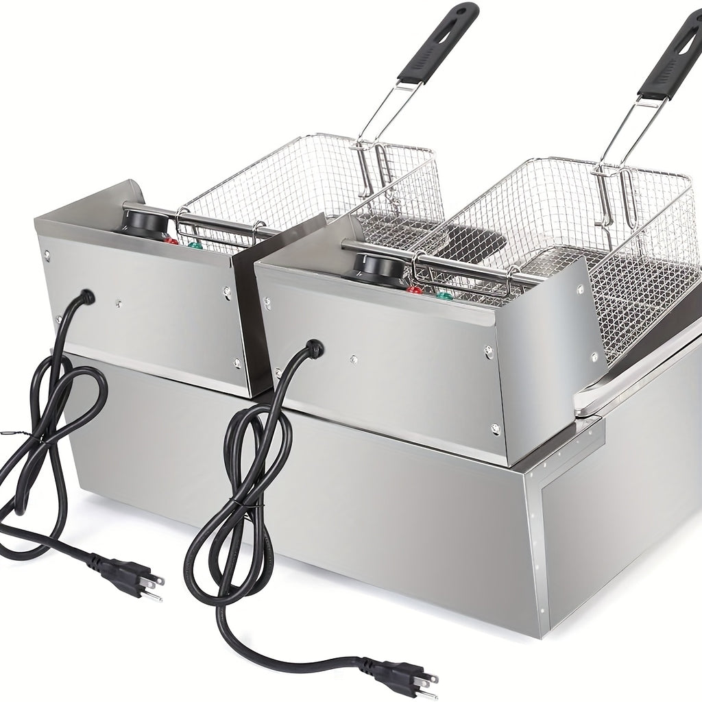 Stainless Steel Electric Deep Fryer with 2 Baskets And Lids, Adjustable Temperature Control, US Plug - Outdoor/Indoor Use for French Fries, Chicken, Donuts, Commercial & Home Kitchens, Deep Fryer Basket
