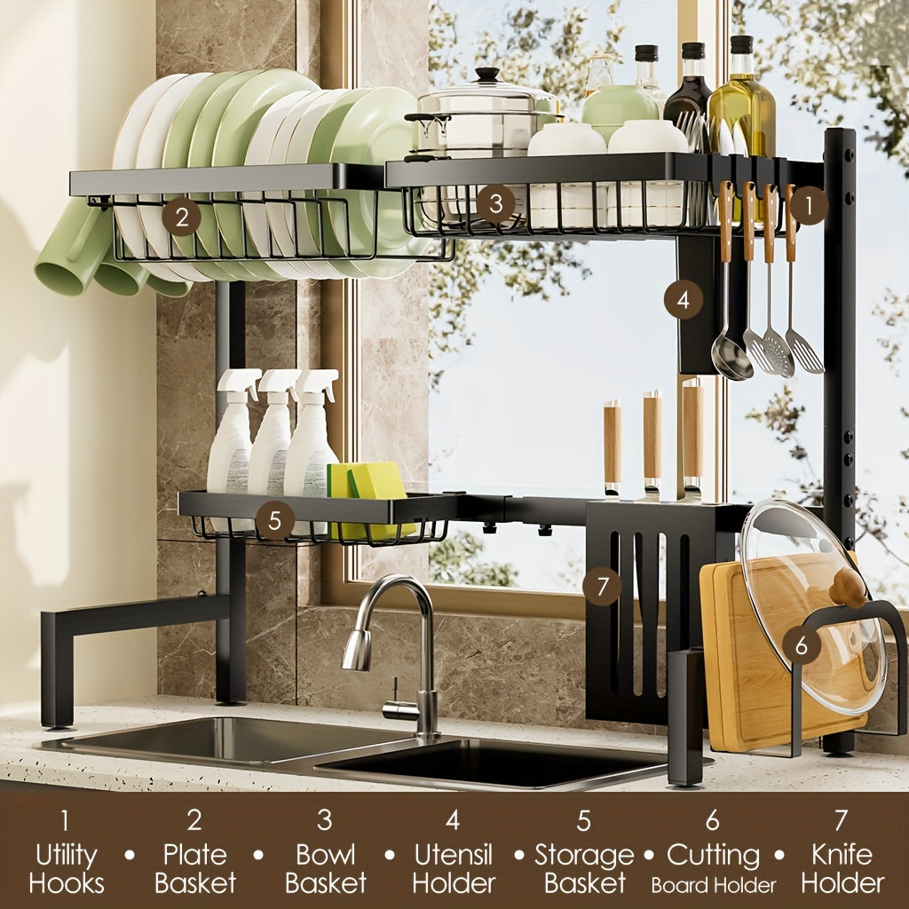 Expandable Multi-Tier Black Kitchen Organizer with Dish Rack, Drainage Tray, Spice Shelf & Towel Holder - Space-Saving Sink Storage for Dishes, Utensils | Durable Black Metal | Dustproof Design, Kitchen Accessories, Kitchen Organizers And Storage