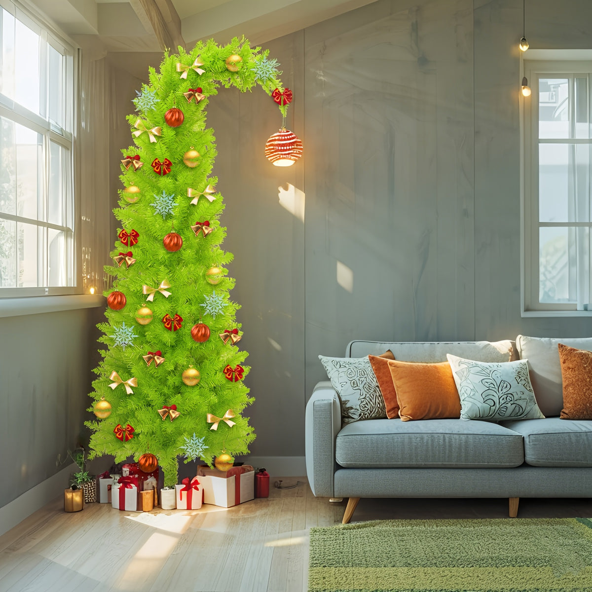 6-Foot Christmas Tree, Shop Window Decoration, Bendable, with Tree Skirt, String Lights, Christmas Ball, Artificial Christmas Tree Stand, Unique Christmas Tree Decorations, Party Christmas Decorations