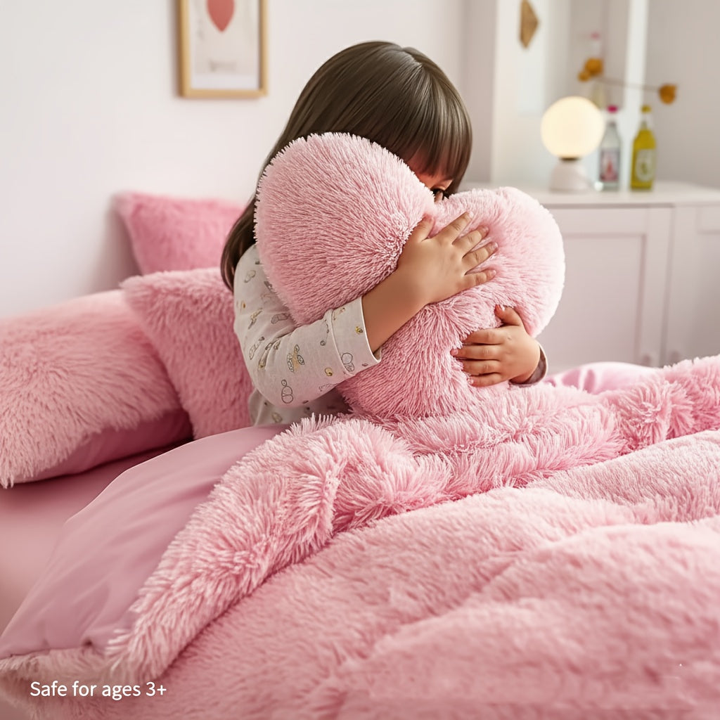 3/4pcs Plush Faux Fur Comforter Cover Set for Kids & Teens - Includes Pillowcases + Plush Heart Pillow - Twin/ Queen/ King Sizes - Super Soft, Warm, Machine Washable (Duvet Cover Only, No Comforter)
