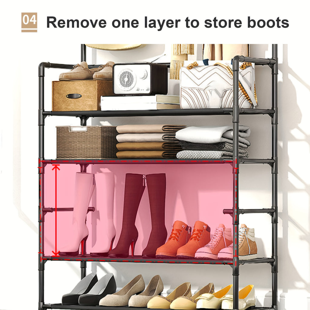 Multifunctional 5-Tier to 3-Tier Shoe Rack, Freestanding Shoe Organizer, Shoe Storage And Organizer, Shelves, with Multi-Layer Storage And 8pcs Double Hooks, Suitable for Living Room, Bedroom, Entrance