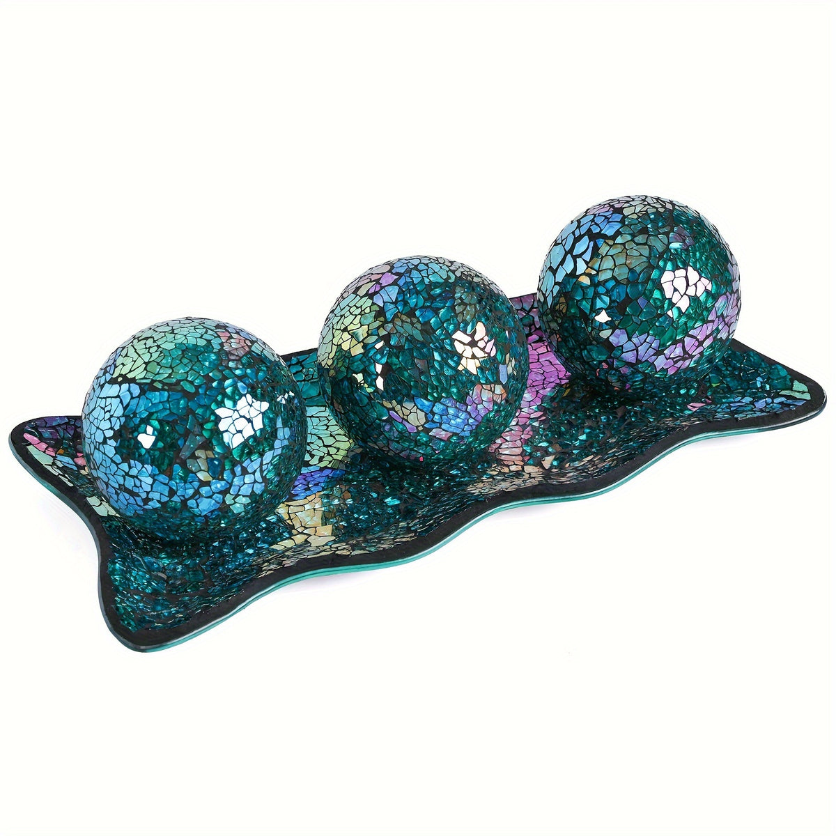 Decorative Balls for Bowls, 3 Decorative Glass Balls And 1 Glass Tray 3-Inch Centerpiece Table Decorations Bowl Fillers for Home Decor, Living Room, Dining, Coffee Table Decor (Silver/Turquoise/Black)