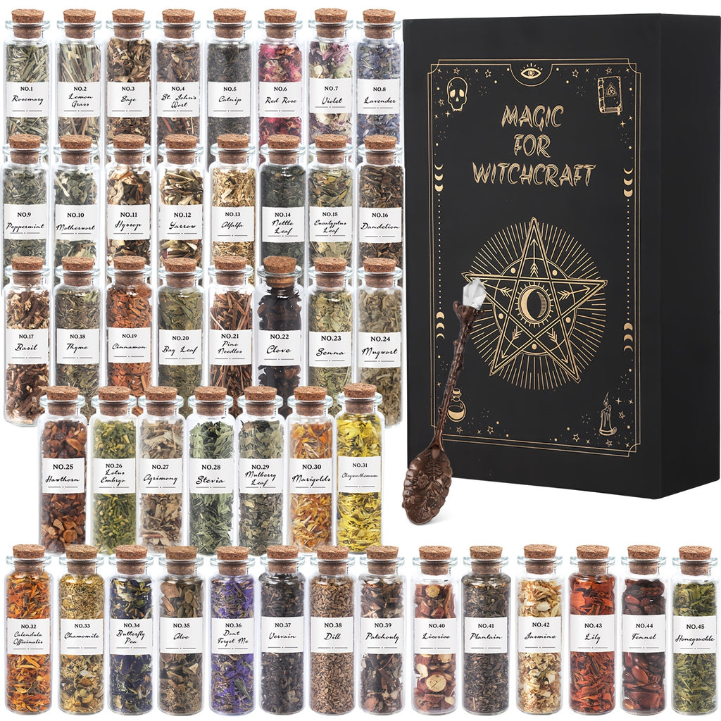A Set Of 45pcs Supplies Herbs And Flowers- 45 Bottles Dried Herbs Kit for Beginners - Altar Supplies Different Herbs with 1pc Crystal Spoon for Wicca, Pagan Magic Incense Spells And Bath for Mothers Graduation Wedding Day Gift