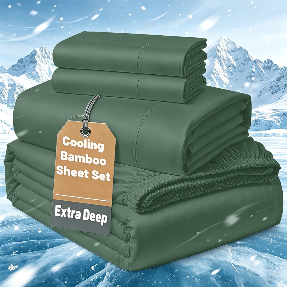Cooling Bamboo Bedding Set with Flat Sheet, Deep Pocket Fitted Sheet and Pillowcases, Soft Breathable Sheets in 13 Colors for Twin Full Queen King