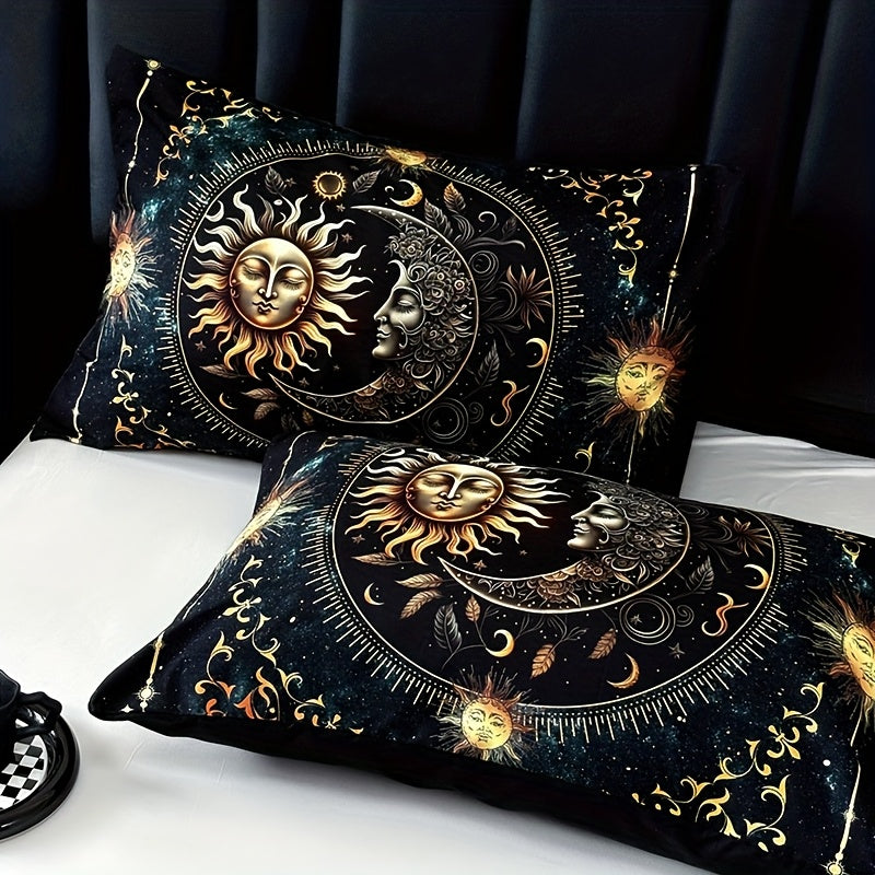 3-Piece Ultra-Soft Breathable Golden Sun Moon Planet Duvet Cover Set (1 Duvet Cover + 2 Pillowcases, Pillow Inserts Not Included), High-Definition Digital Print for Home and Dormitory Use