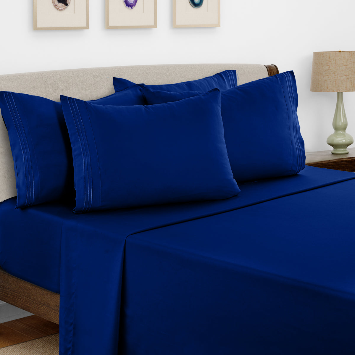 Lux Decor 6 Pieces Solid Bed Sheets Set - Modern Soft Comfortable Bedding Set, Hotel Luxury Skin Friendly Cooling Sheets & Embroidered Pillowcases Without Filler - All Seasons Bed Sheet with 16 Inches deep Pocket, Breathable Skin Friendly & Cooling Sheets