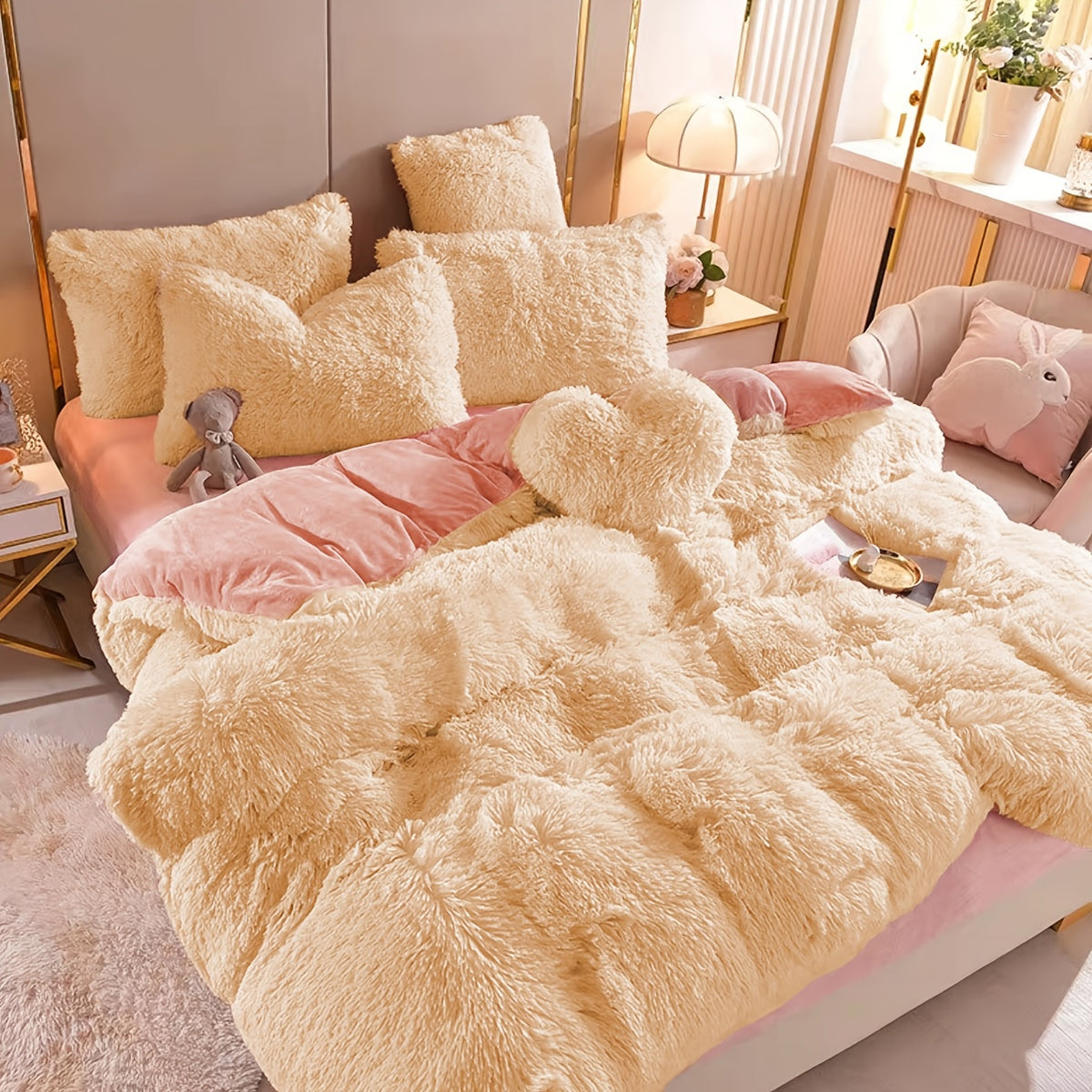 4pcs Fluffy Comforter Cover Set Queen King, Soft Plush Duvet Cover Set with Pillow Shams, All Season Cozy Bedding, No Insert
