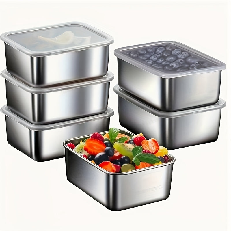 6pcs Stainless Steel Food Storage Containers with Lids - Leak-Proof, Stackable, BPA-Free Kitchen Organizer for Refrigerator, Office, School, Camping, Picnic - Dishwasher Safe, Reusable Square Metal Containers for Bread & More