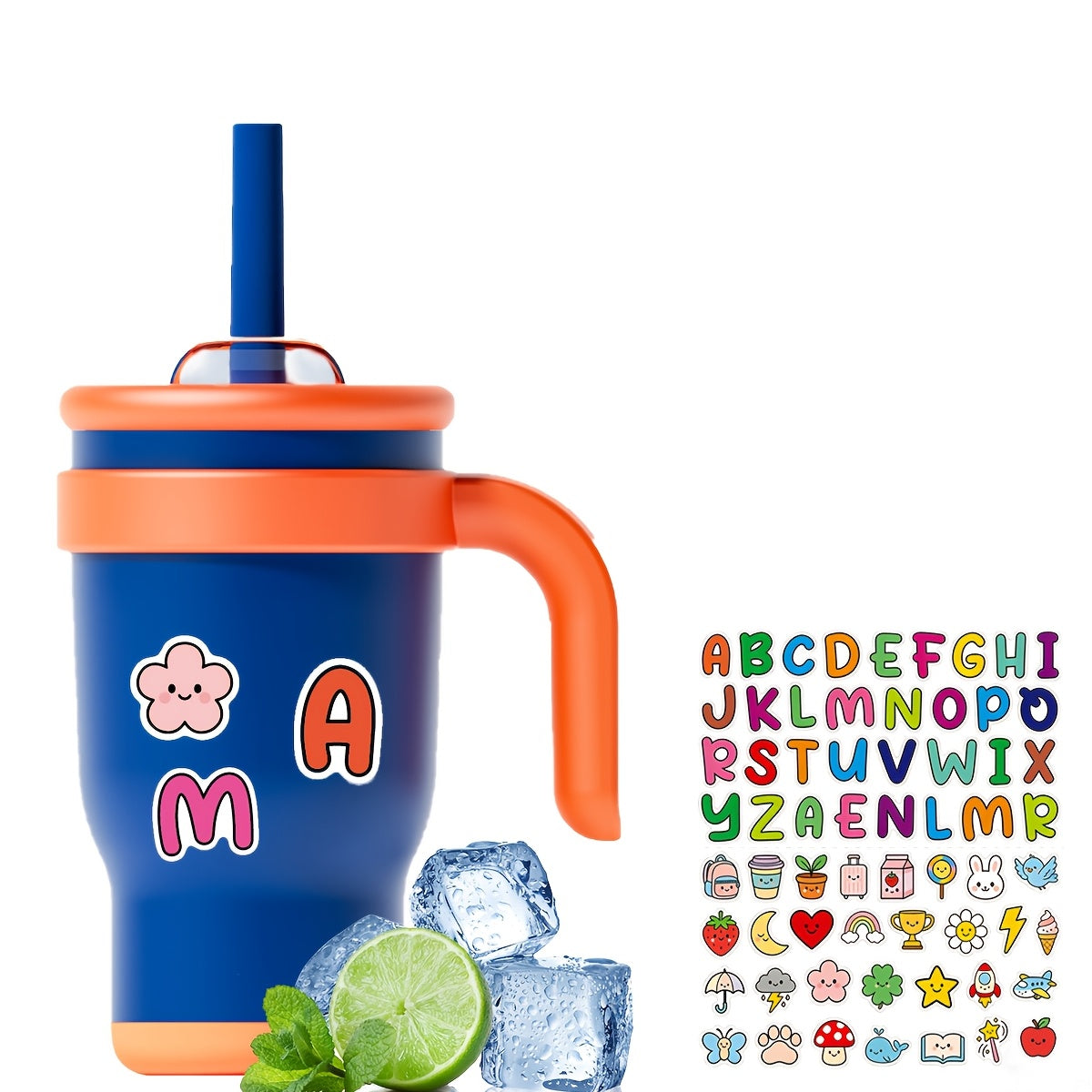 14oz Tumbler with Handle, Insulated Water Bottle with Straw And 2in 1 Lid, Stainless Steel Cup Travel Coffee Mug for Sports Office Gym Kitchen, Free Stickers