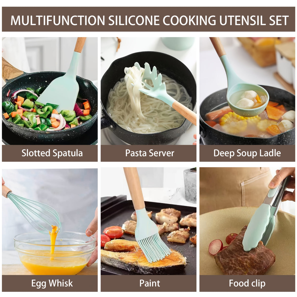 19pcs Kitchen Knife And Utensil Set, Non-Stick Black Knife Set with Wooden Handles, Silicone Cooking Tools, Cutting Board, Scissors And Holder, Best Gift for Parents