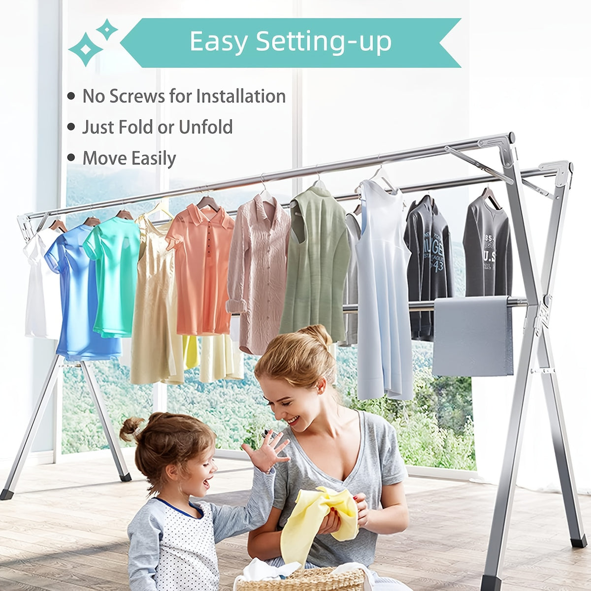 Foldable Metal Clothes Drying Rack, Adjustable Three Rod, with Space-Saving Storage, for Indoor And Outdoor Use, for Clothes, Blankets And Bedding, Drying Racks