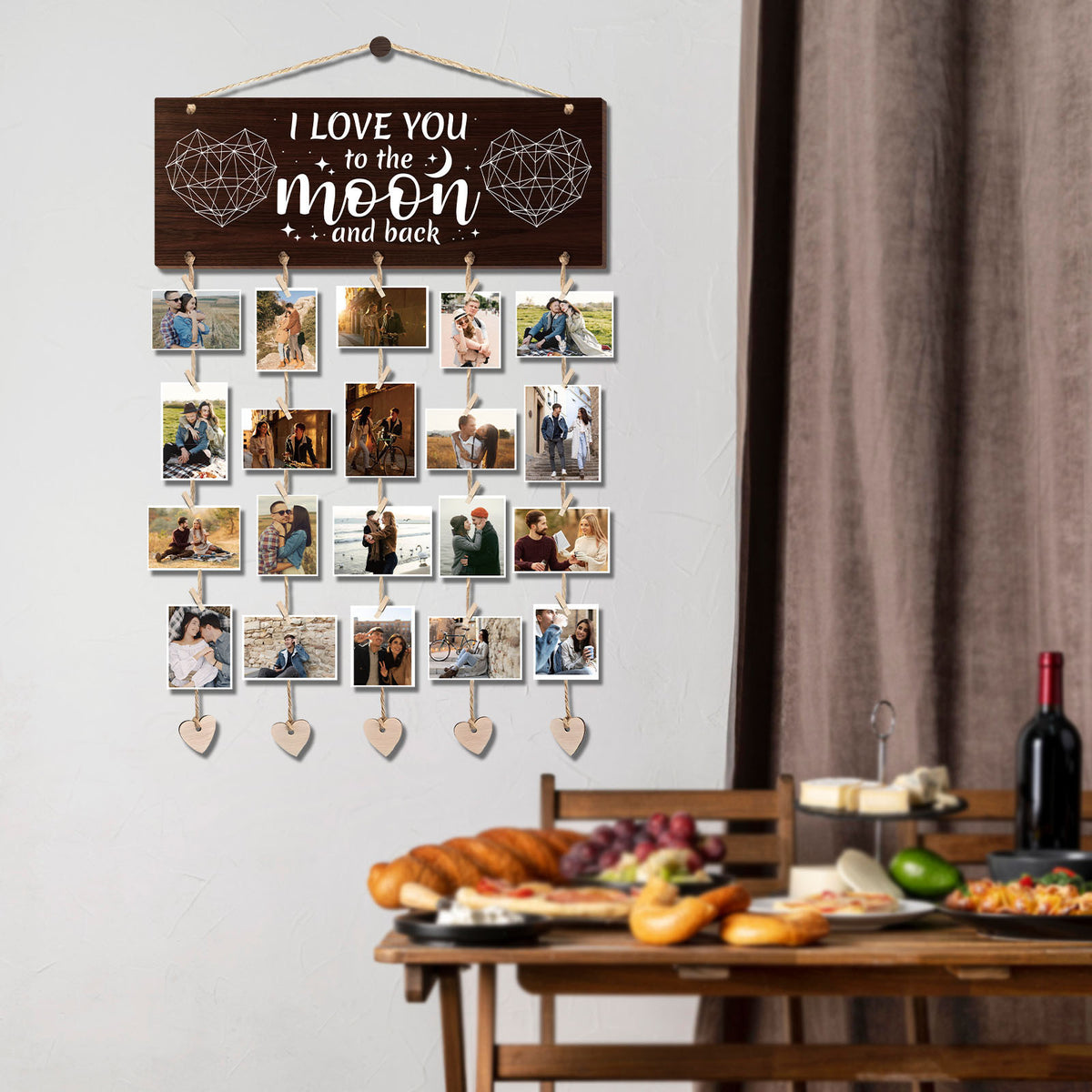 1 Set Wooden Hanging Photo Frames, I Love You to The Moon And Back Picture Holder - Gifts for Him Boyfriend, Her Girlfriend And Wife Husband, Romantic Picture Frame Gifts of Couples for Wedding, Anniversary, Valentine'S Day, Christmas Gifts