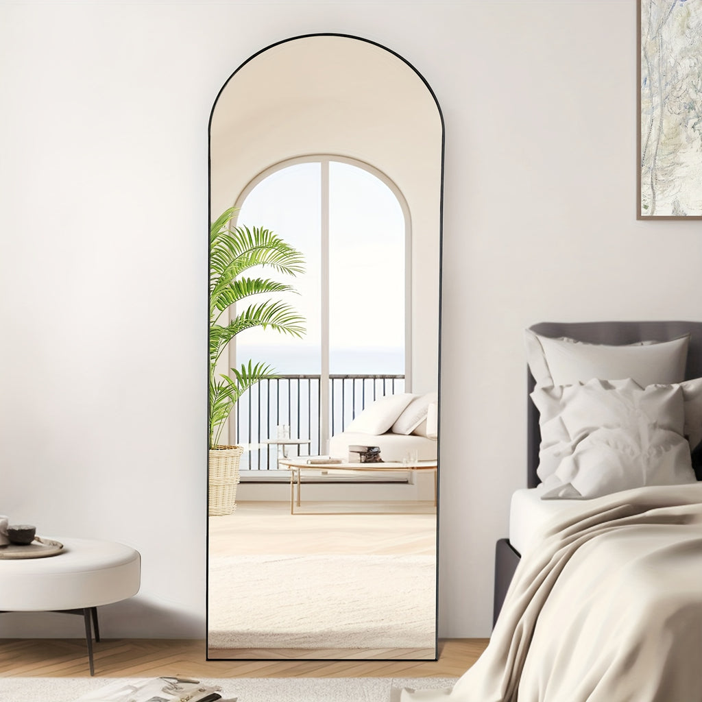Arched Full Length 64" X 21"/ 59"x16"Mirror With Stand, Floor Mirror With Aluminum Alloy Frame For Bedroom, Standing Full Body Mirror With Shatter-Proof Nano Glass For Wall, Living Room, Cloakroom