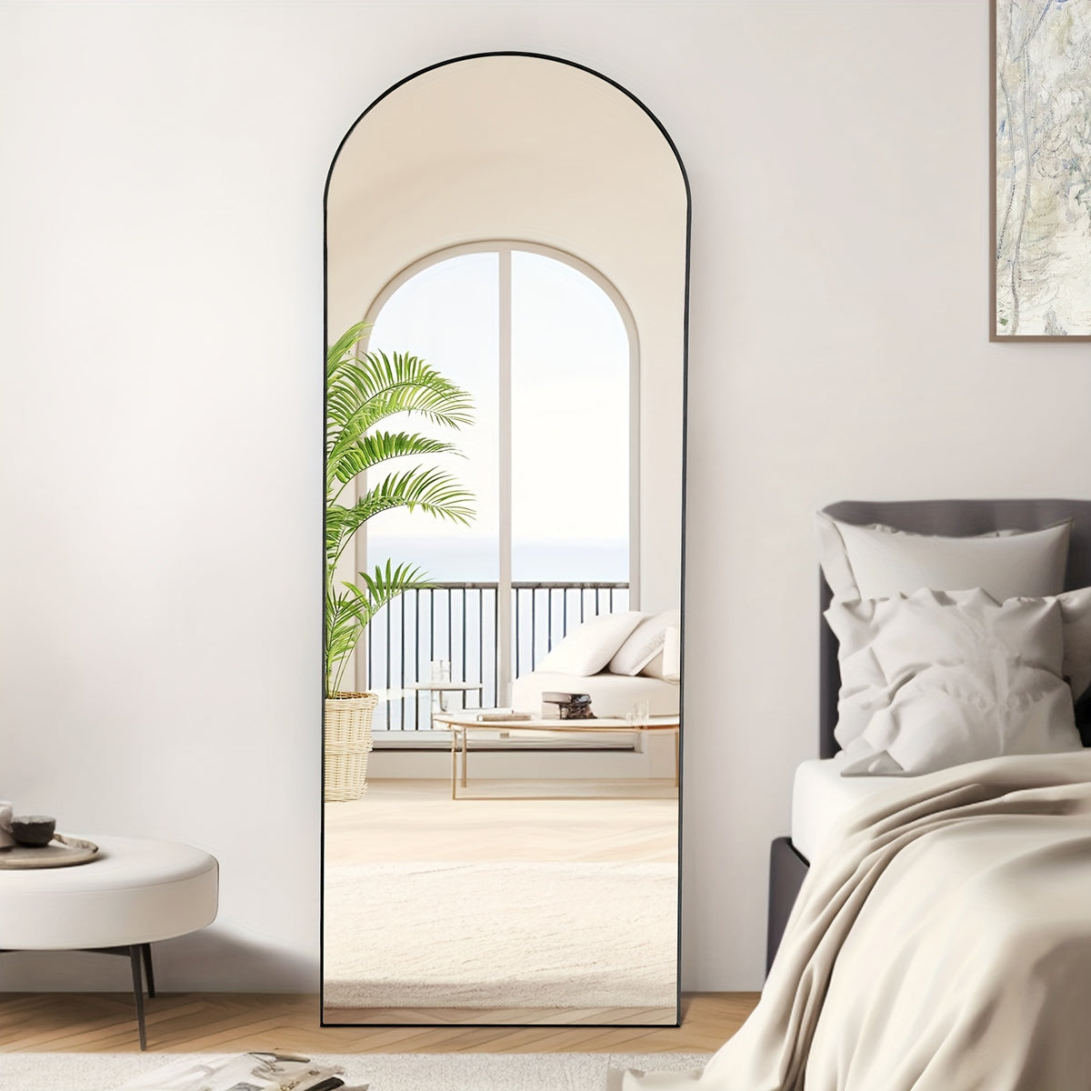 Arched Full Length 64" X 21"/ 59"x16"Mirror With Stand, Floor Mirror With Aluminum Alloy Frame For Bedroom, Standing Full Body Mirror With Shatter-Proof Nano Glass For Wall, Living Room, Cloakroom