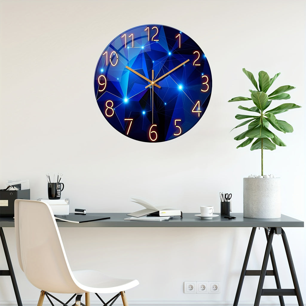 Large Modern Blue Glass Wall Clock - Dark Blue Accessories, 12-24 Inch Silent Quartz Clock, Battery-powered, Suitable for Living Room, Bedroom, Office Decorative Clock, Housewarming Gift, Home Decoration, Fantasy-style Design
