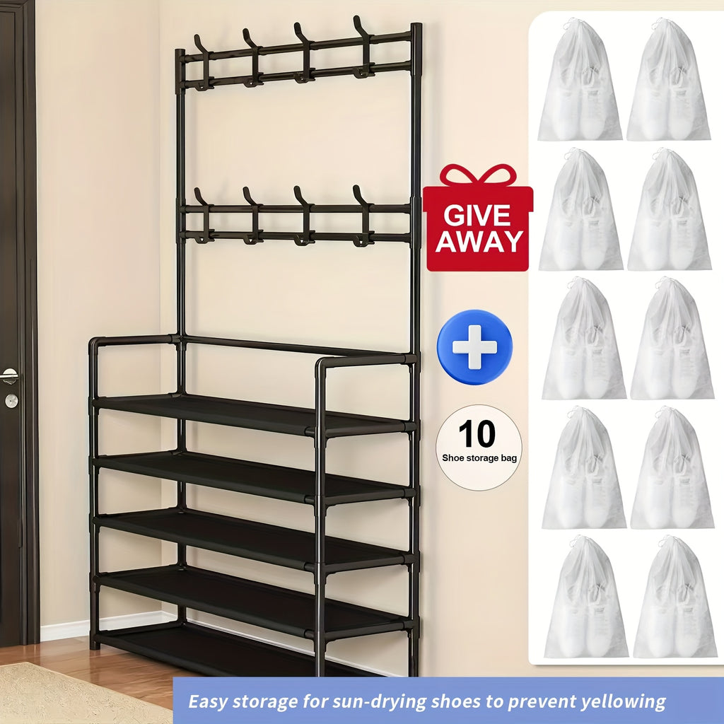 Multifunctional 5-Tier to 3-Tier Shoe Rack, Freestanding Shoe Organizer, Shoe Storage And Organizer, Shelves, with Multi-Layer Storage And 8pcs Double Hooks, Suitable for Living Room, Bedroom, Entrance