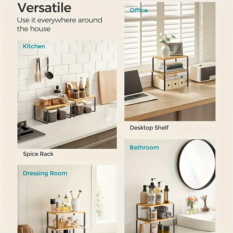 Set of Two Adjustable And Stackable Shelf Organizers - Versatile Wooden Storage Rack for Kitchen Counters, Spices, Bathrooms, And Pantries - a Space-Saving Gift for Home Organization Enthusiasts And Cooking Aficionados