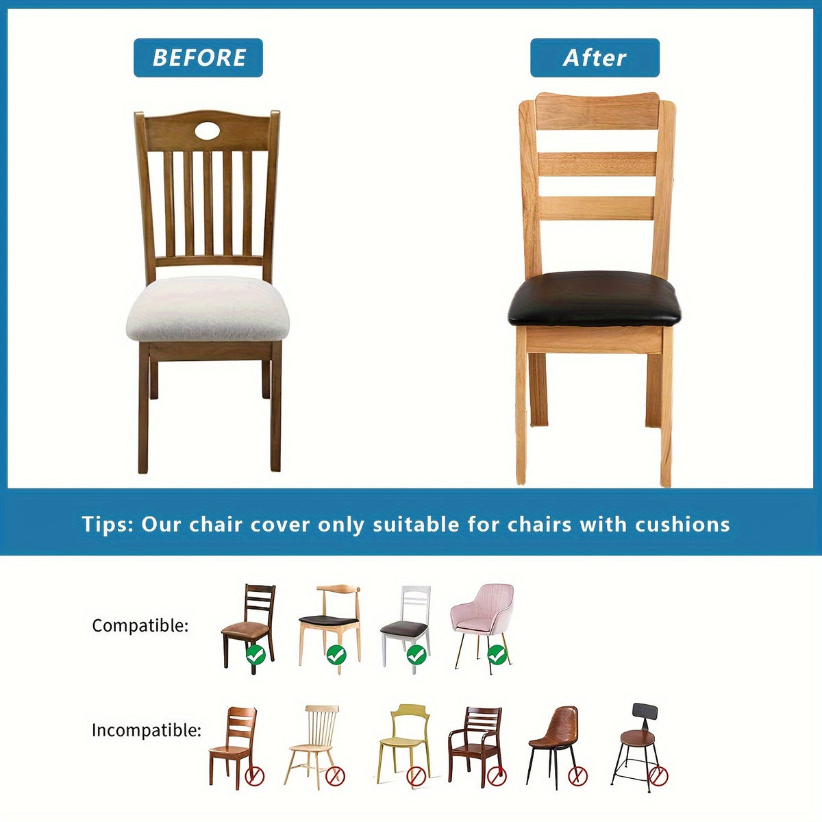 4/6pcs 100% Waterproof PU Fabric Dining Chair Slipcovers, Removable Upholstered Chair Cushion Cover for Dining Room, Hotel, Kitchen, And Home Decor, Fits A Variety Of Seat Styles, Halloween Home Decorations, Black Seat Cushion