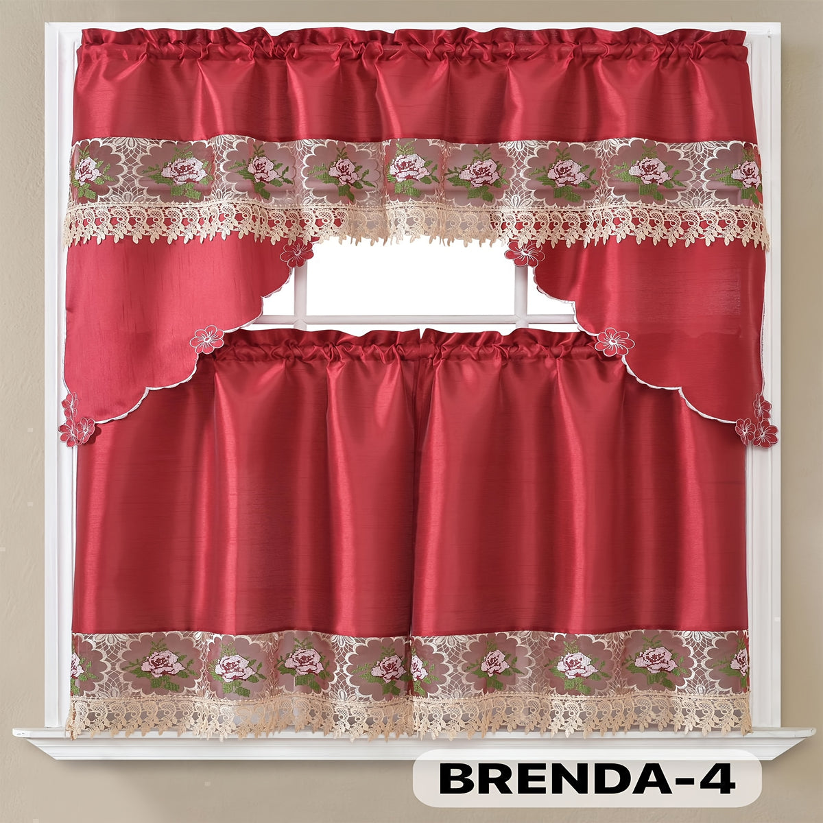 3pcs Bamboo Embroidered Kitchen Curtain Set, Floral Embroidery, Lightweight and Soft, Easy Care, Machine Washable, Satin Fabric, Embroidered