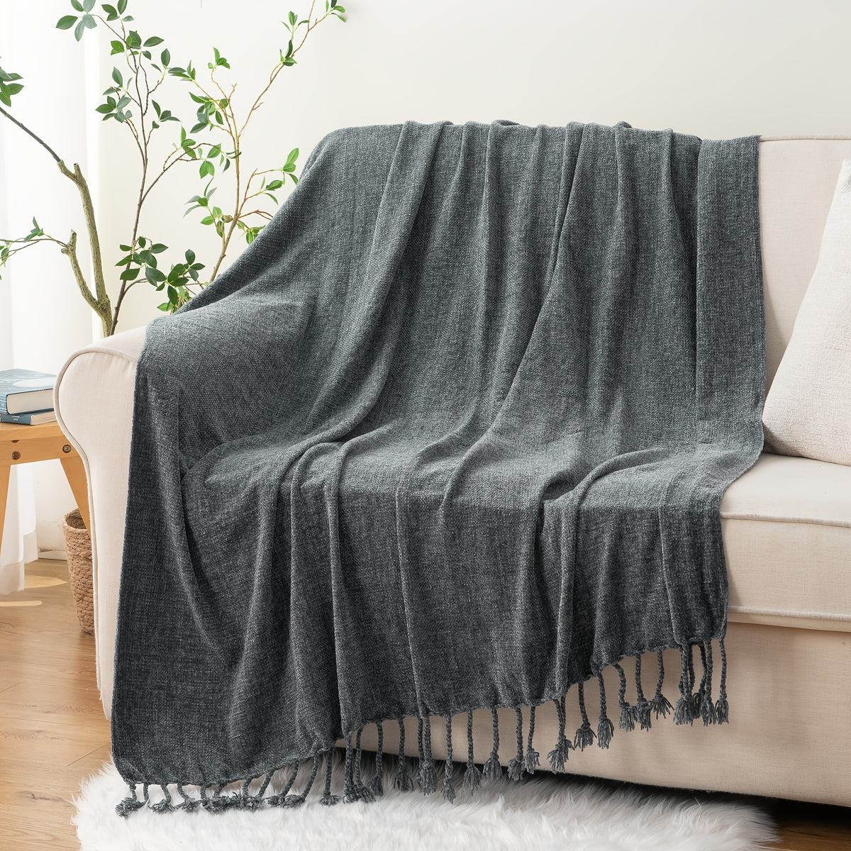 Decorative Fringe Velvety Throw Blanket for Sofa Home Decor, Chenille Throw Blanket for Couch, 50"x60"