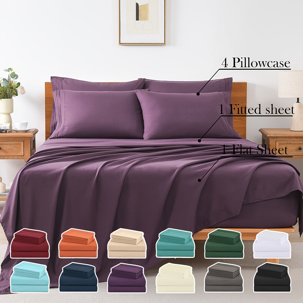 6pcs Summer Cooling Bed Sheet Set, 18 Inch Deep Pocket Ultra Soft Breathable Polyester Solid Color Bedding Three Embroidery 100 GSM Anti Fading Wear Resistant Wrinkle Free Easy Care Bedroom Home Decor