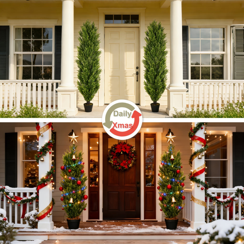 2 Pack Modern Cedar Topiary Trees | UV-Resistant & Low Maintenance Faux Greenery For Outdoor & Indoor | Decor For Patio, Garden, Office