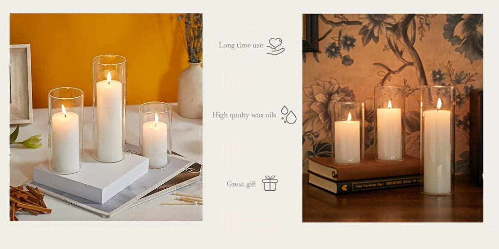 White Pillar Candles with Clear Glass Hurricane Holders- Elegant Cylinder Candle Vases for Weddings, Parties, Centerpieces, Home & Office Decor