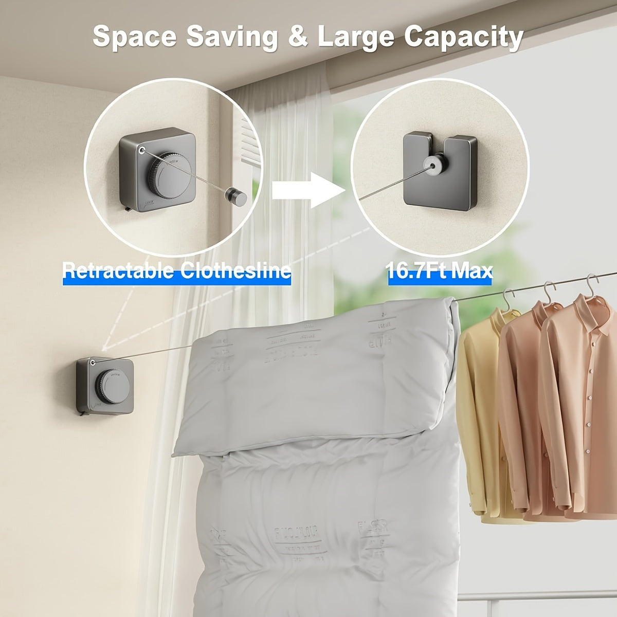 1/2pcs Retractable Clothesline Indoor Non-Sagging Outdoor Clothes Line Retracting Heavy Duty Clothes Drying Laundry Line Wall Mounted Stainless Steel Line-15.1 Feets(Square-Gray), Clotheslines