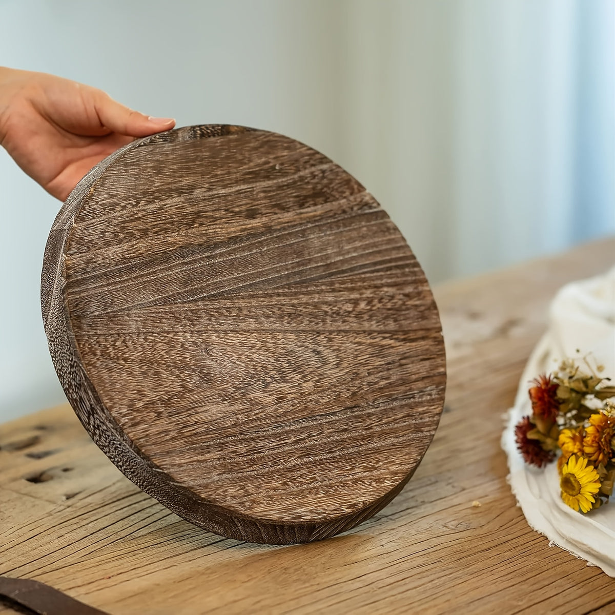 Rustic Round Wooden Decorative Tray, Distressed Wood Serving Tray for Coffee Table, Farmhouse Ottoman Tray for Living Room, Kitchen Counter Decor, Candle Holder Base, Non-Food Contact