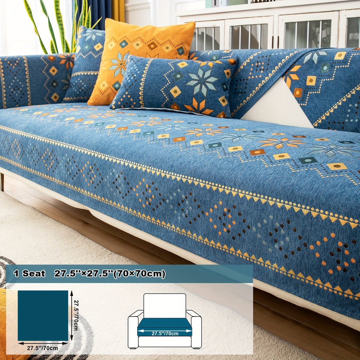1pc Bohemian Chenille Sofa Cover Suitable for Sofa Sizes (Single to Four-Seater) - Thick Plush Non-Slip Couch Cover with Geometric Embroidery, Chenier Fabric Slipcover Fits for Sectional Sofas, Machine Washable Furniture