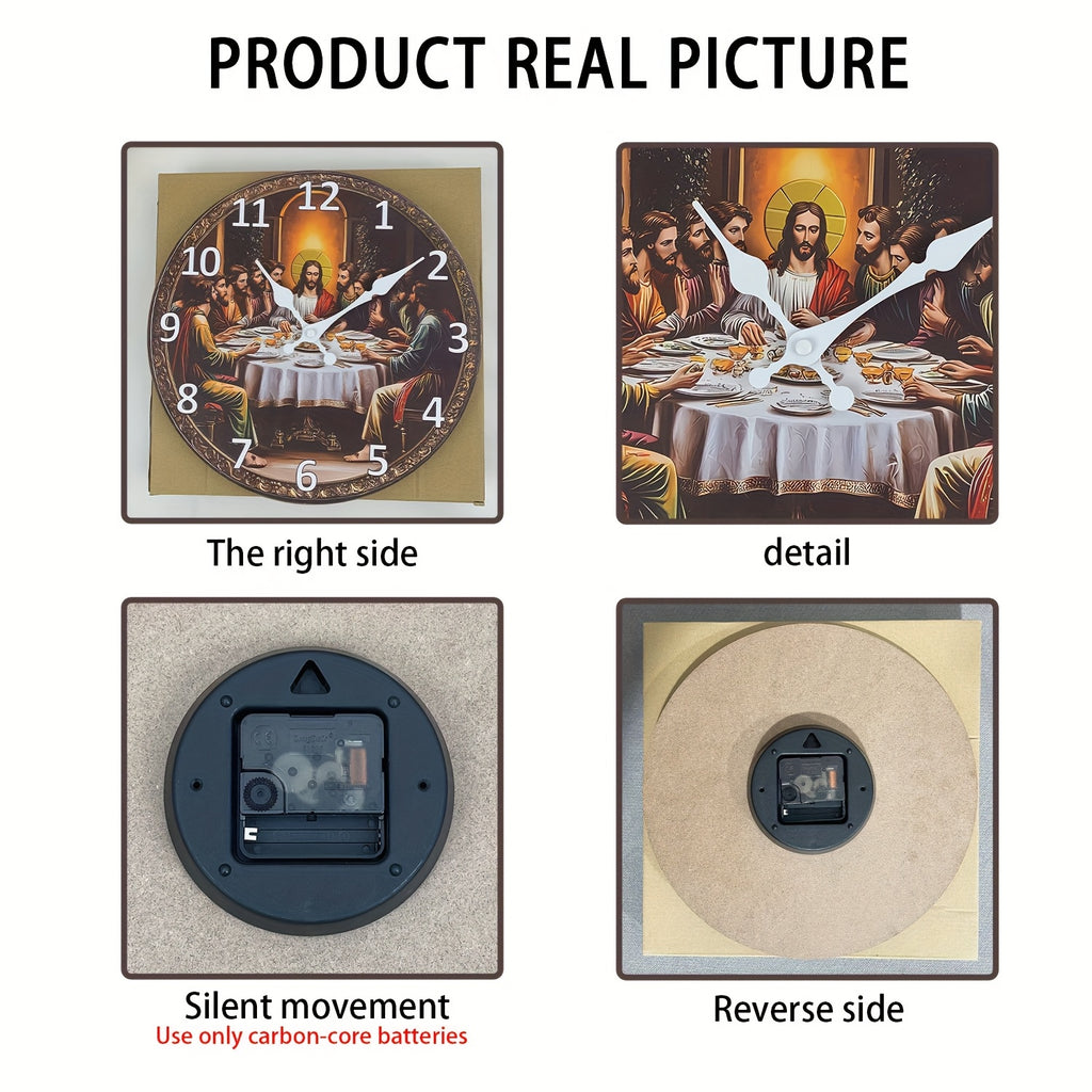 Religious Last Supper Wall Clock- Silent Non-Ticking Mute Clock& Disciples, Large Face, Golden Hands& Roman Numerals- Artificial Construction for